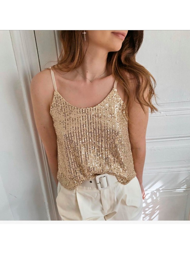 Top Haut paillette pailleté sequins femmes or doré ete 2020